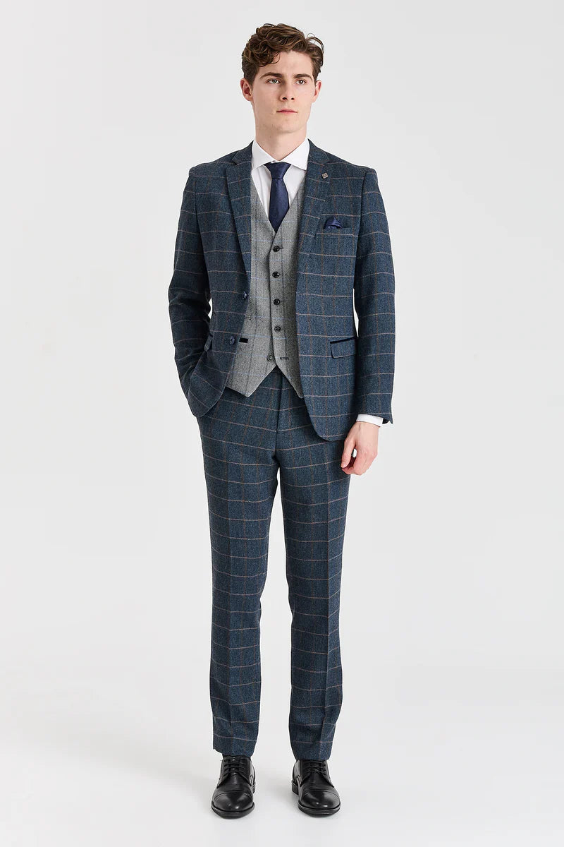 Marineblauer Tweedanzug von Harris mit kontrastierender grauer Tweedweste von Harris