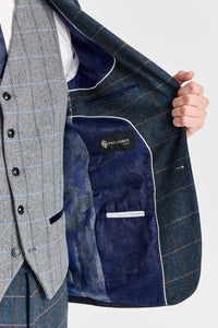 Marineblauer Tweedanzug von Harris mit kontrastierender grauer Tweedweste von Harris
