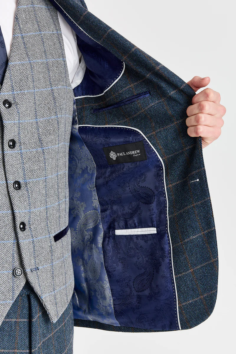 Marineblauer Tweedanzug von Harris mit kontrastierender grauer Tweedweste von Harris