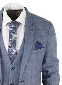 Mens 3 Piece Suit Sky Blue Check Wool Feel Marc Darcy Tailored Fit Wedding Prom Harry