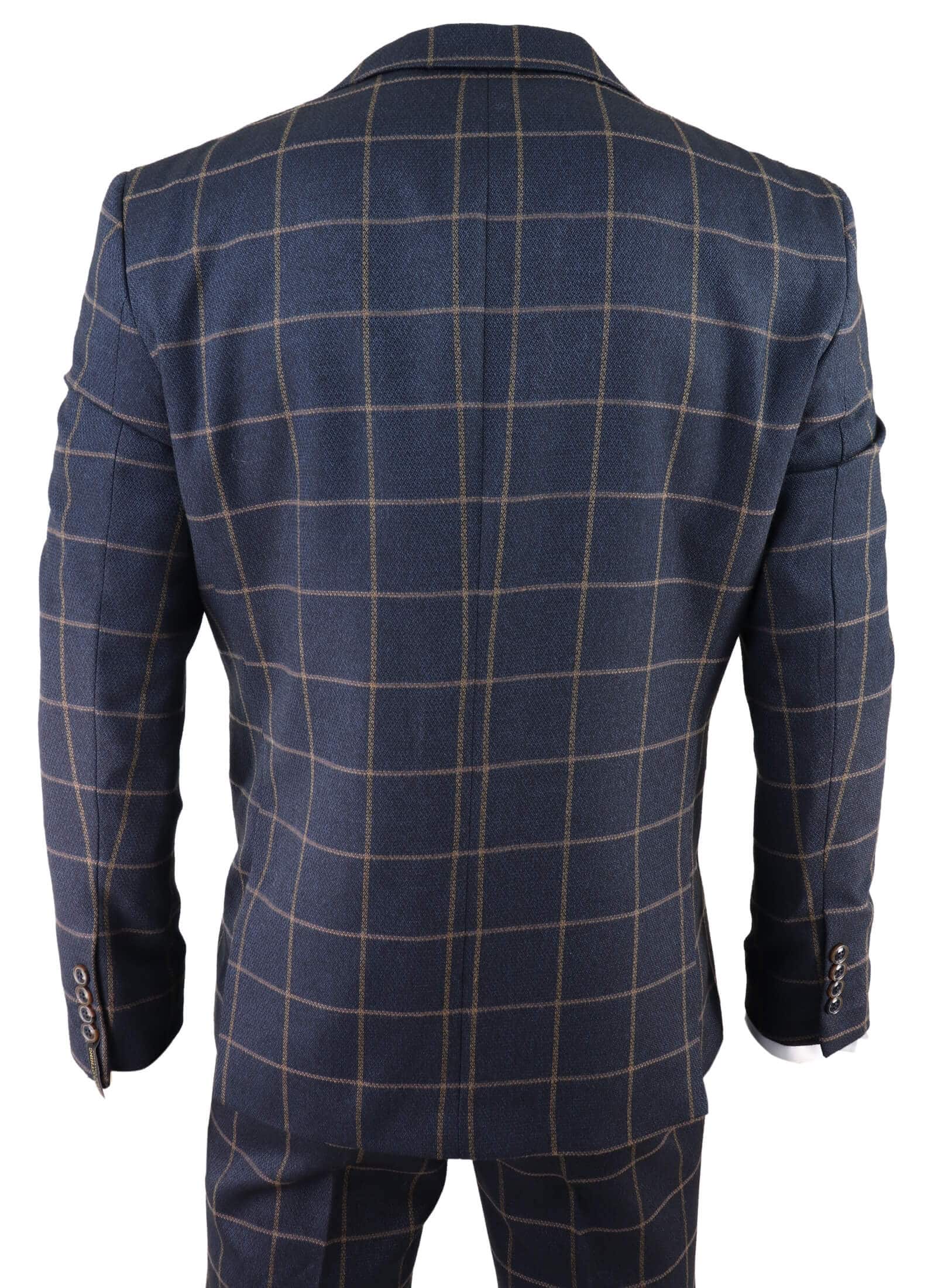 Mens Herringbone Tweed Check 3 Piece Wool Suit Peaky Blinders - Navy Blue