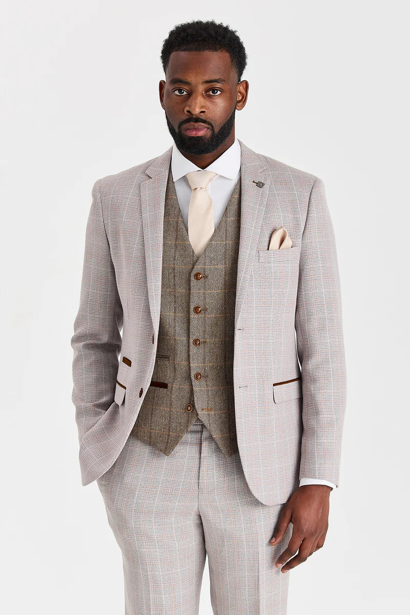 Leo-Beige-Anzug mit kontrastierender Harris-Brown-Tweed-Weste