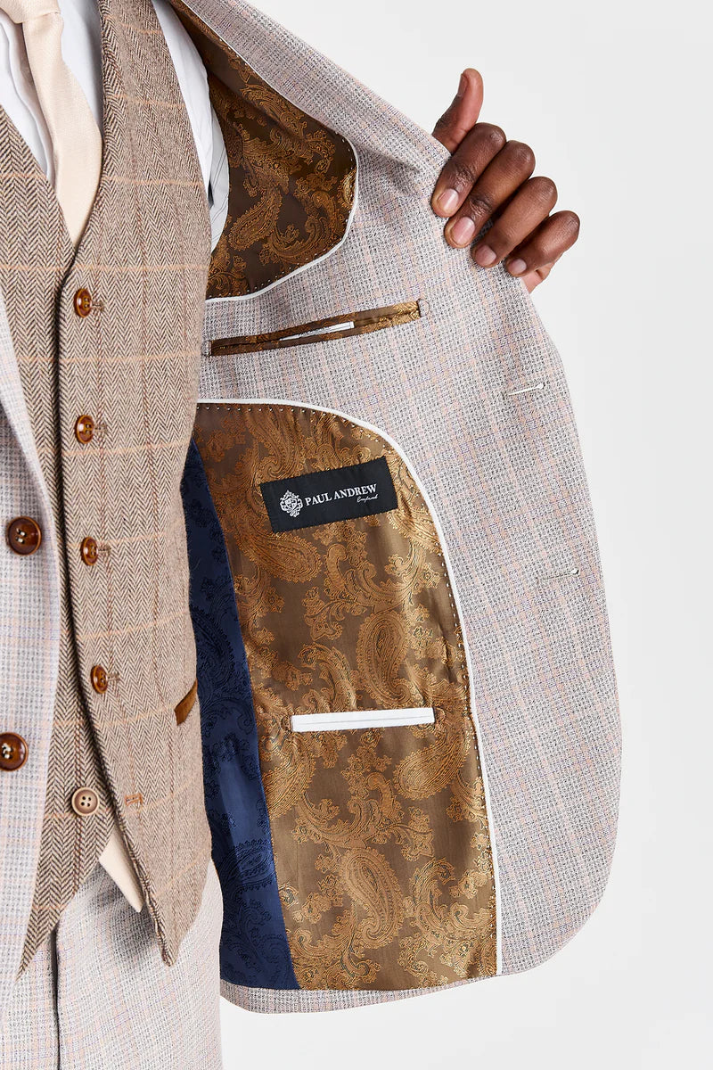 Leo-Beige-Anzug mit kontrastierender Harris-Brown-Tweed-Weste