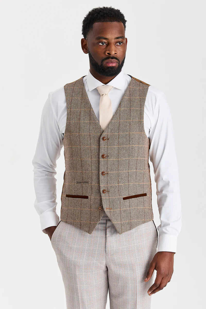 Leo-Beige-Anzug mit kontrastierender Harris-Brown-Tweed-Weste