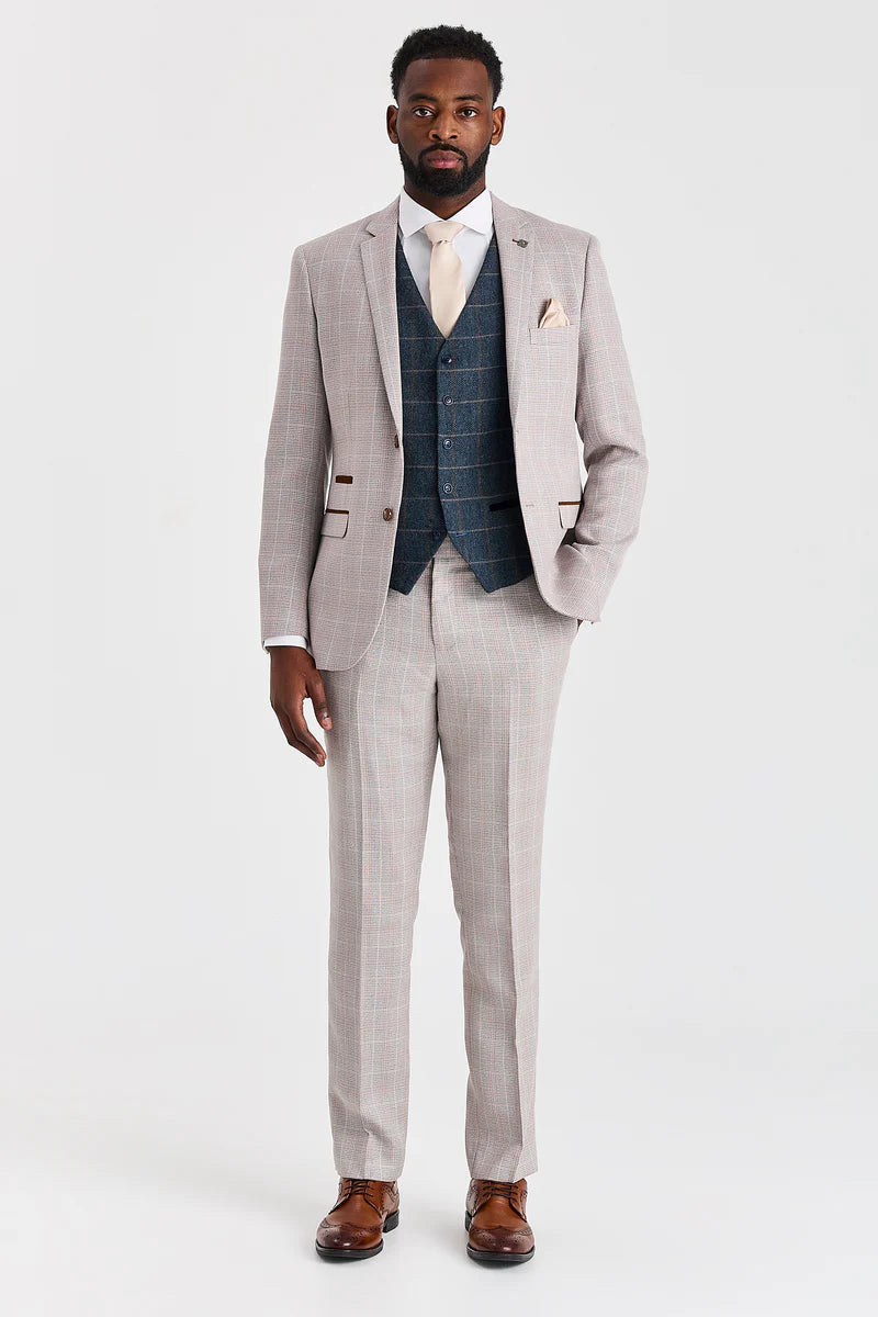 Leo Beige Anzug mit Harris Navy Tweed Weste