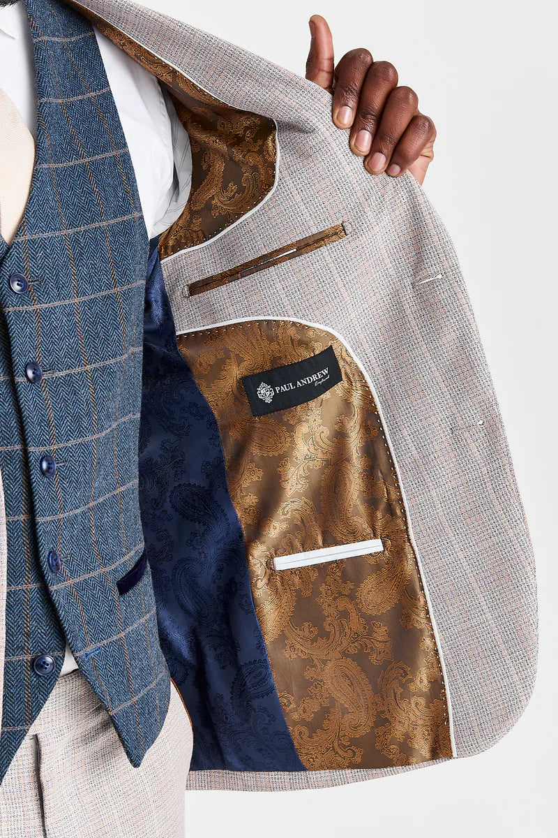 Leo Beige Anzug mit Harris Navy Tweed Weste