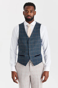 Leo Beige Anzug mit Harris Navy Tweed Weste