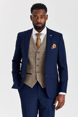 Mayfair Navy Anzug mit Strukturmuster und kontrastierender Weste aus Harris Brown Tweed