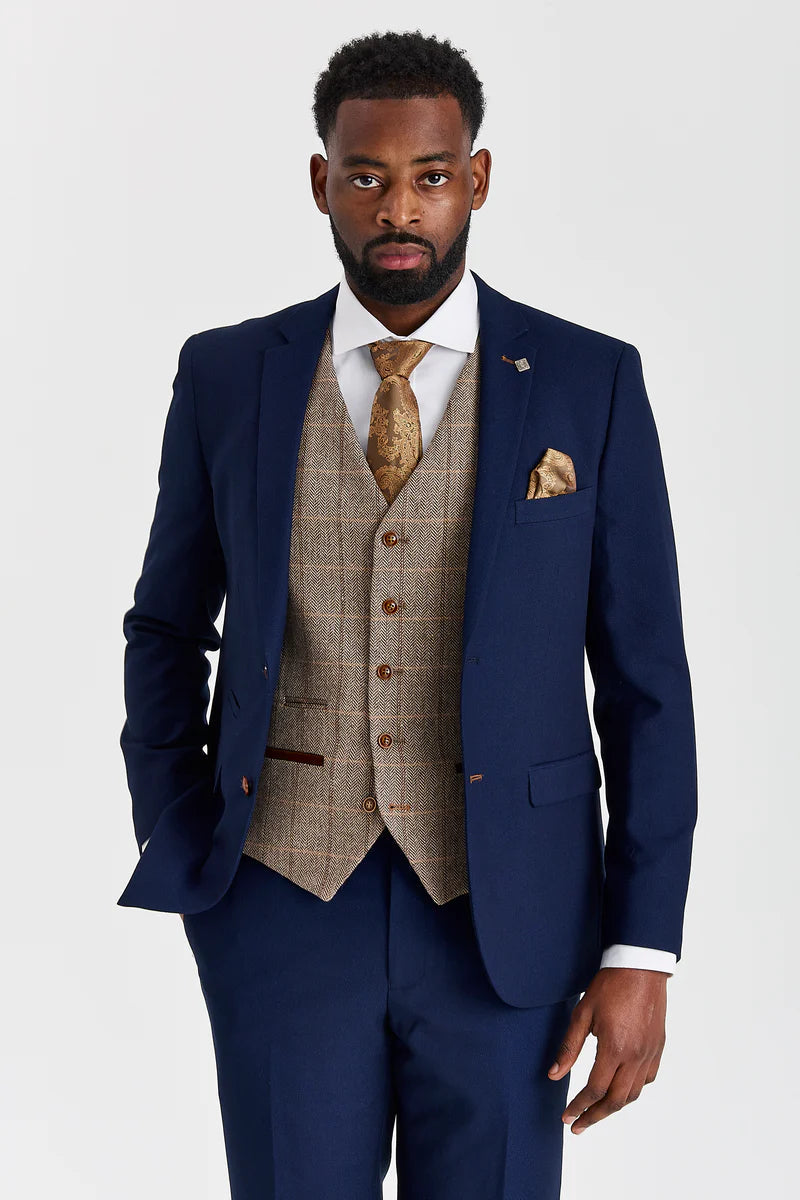 Mayfair Navy Anzug mit Strukturmuster und kontrastierender Weste aus Harris Brown Tweed
