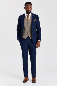 Mayfair Navy Anzug mit Strukturmuster und kontrastierender Weste aus Harris Brown Tweed