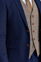 Mayfair Navy Anzug mit Strukturmuster und kontrastierender Weste aus Harris Brown Tweed