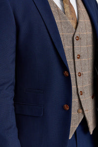 Mayfair Navy Anzug mit Strukturmuster und kontrastierender Weste aus Harris Brown Tweed