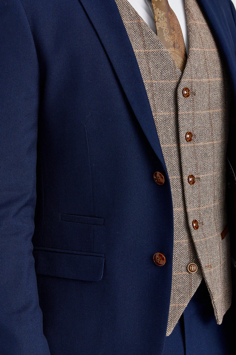 Mayfair Navy Anzug mit Strukturmuster und kontrastierender Weste aus Harris Brown Tweed