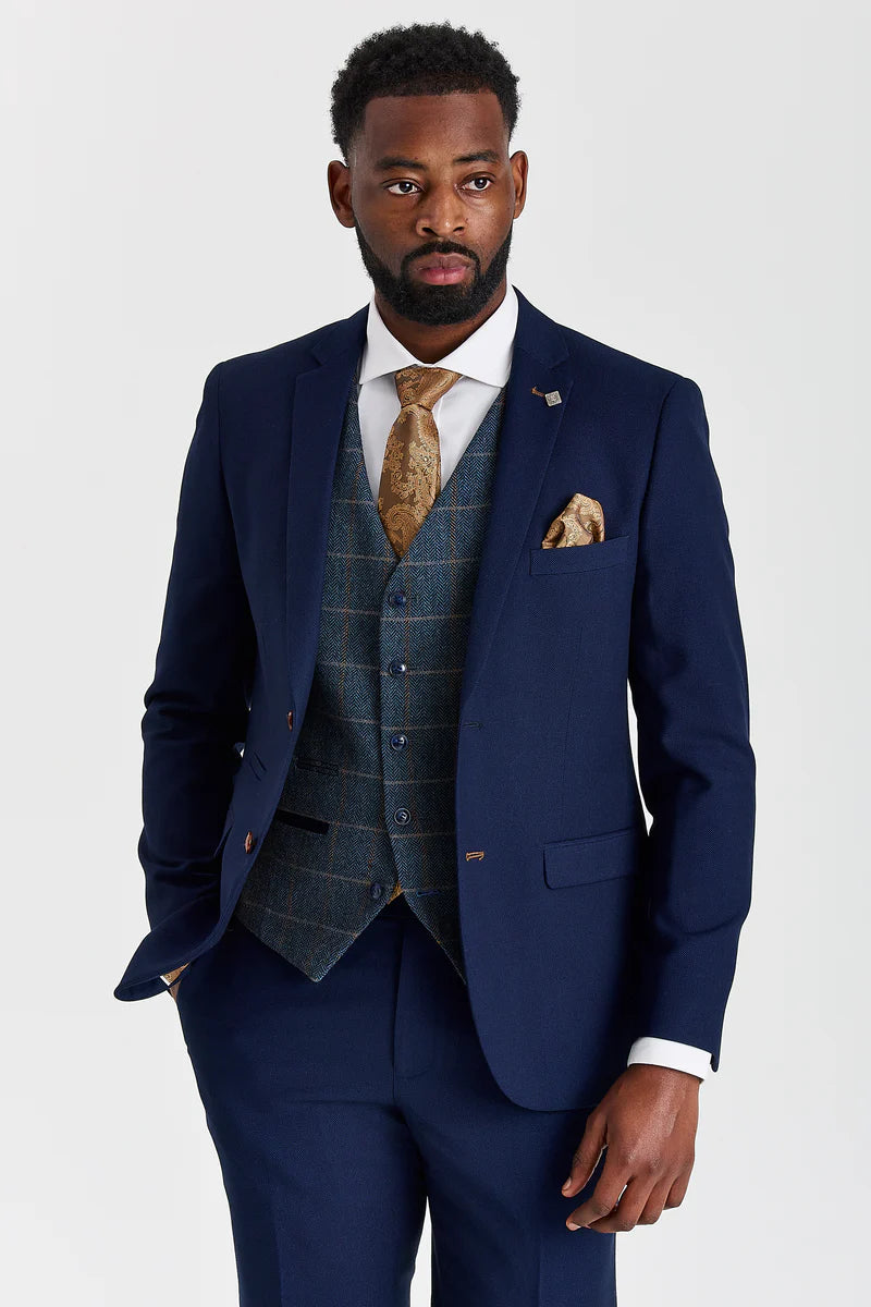 Mayfair Anzug in Marineblau mit Strukturmuster und Harris Tweedweste in Marineblau mit Kontrastmuster