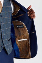 Mayfair Anzug in Marineblau mit Strukturmuster und Harris Tweedweste in Marineblau mit Kontrastmuster