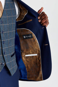 Mayfair Anzug in Marineblau mit Strukturmuster und Harris Tweedweste in Marineblau mit Kontrastmuster