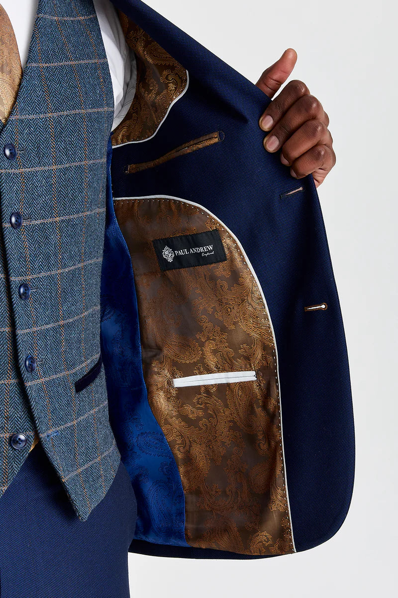 Mayfair Anzug in Marineblau mit Strukturmuster und Harris Tweedweste in Marineblau mit Kontrastmuster