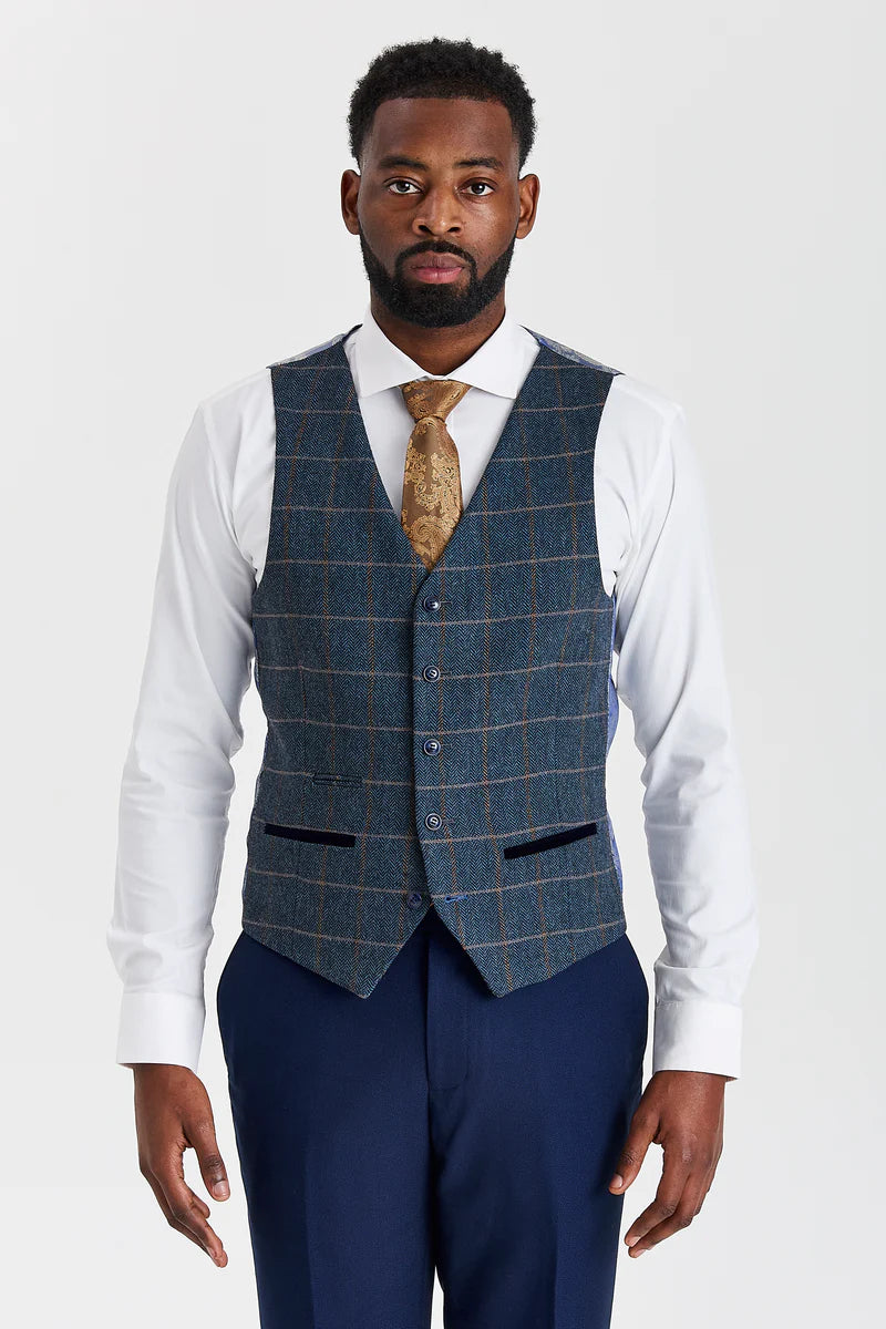 Mayfair Anzug in Marineblau mit Strukturmuster und Harris Tweedweste in Marineblau mit Kontrastmuster