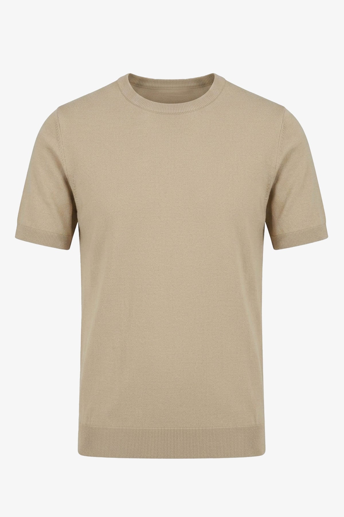 Beiges Strick-T-Shirt für Herren, normale Passform, Rundhalsausschnitt, Kurzarm