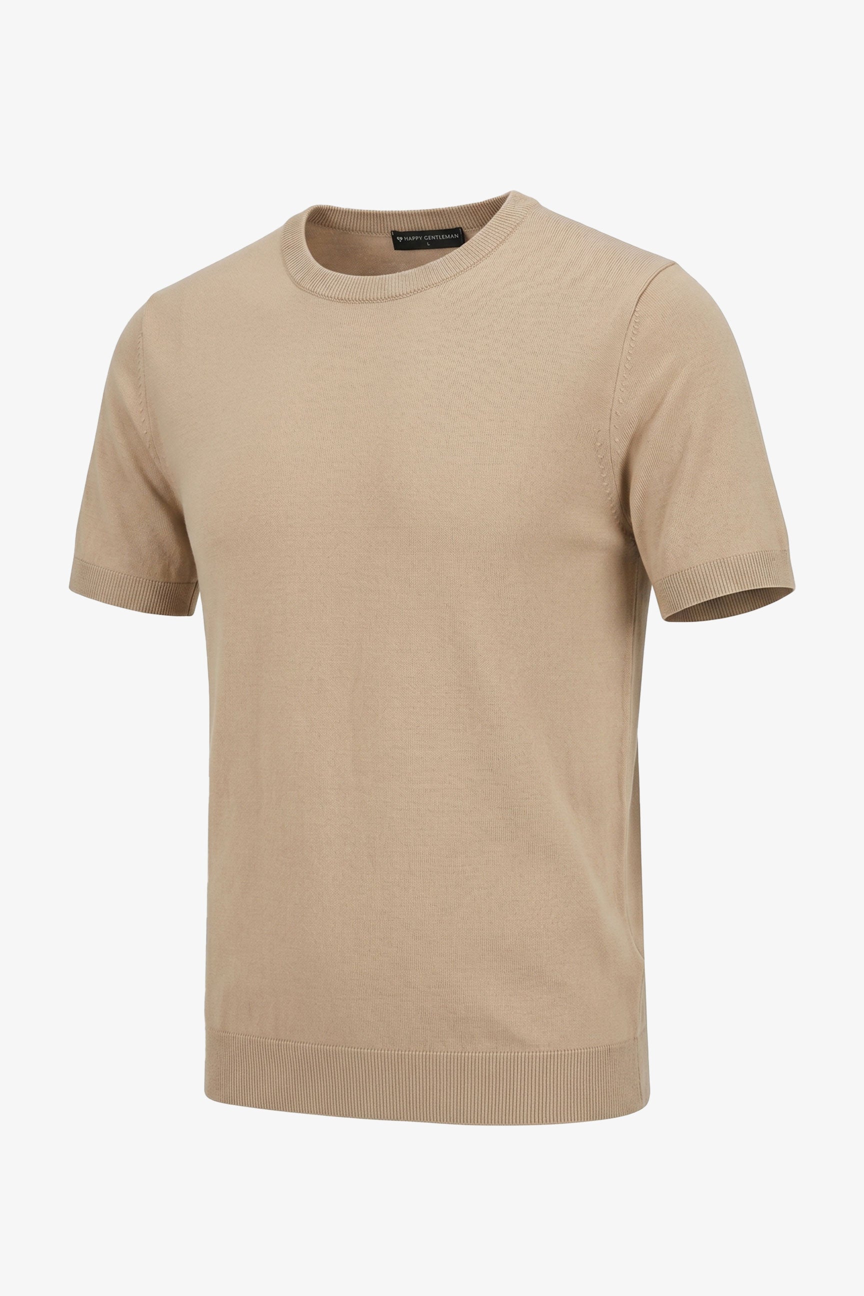 Beiges Strick-T-Shirt für Herren, normale Passform, Rundhalsausschnitt, Kurzarm