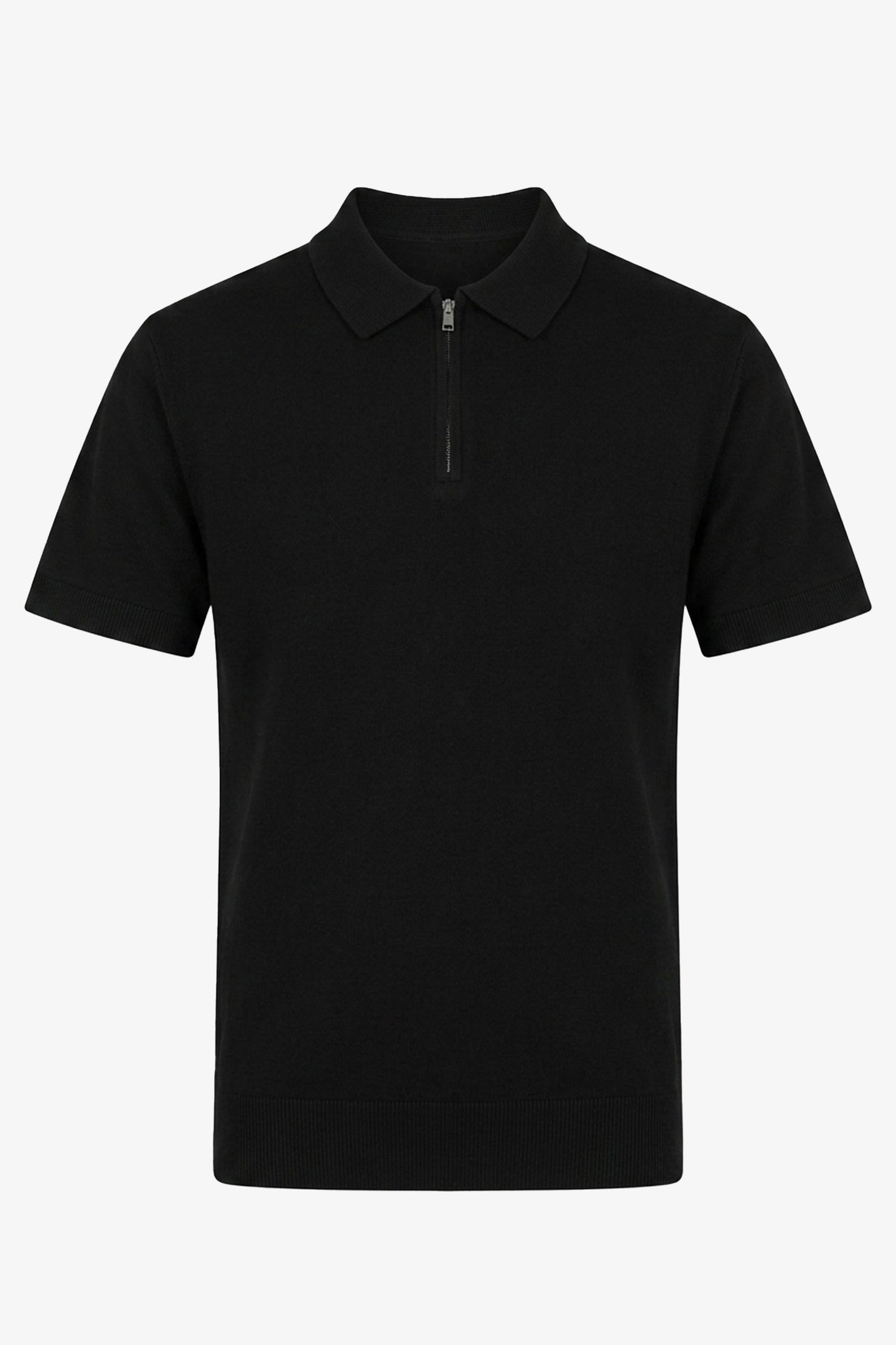 Schwarzes Herren-Poloshirt aus Strick, Kurzarm, mit Reißverschluss am Kragen, weichem Materialmix