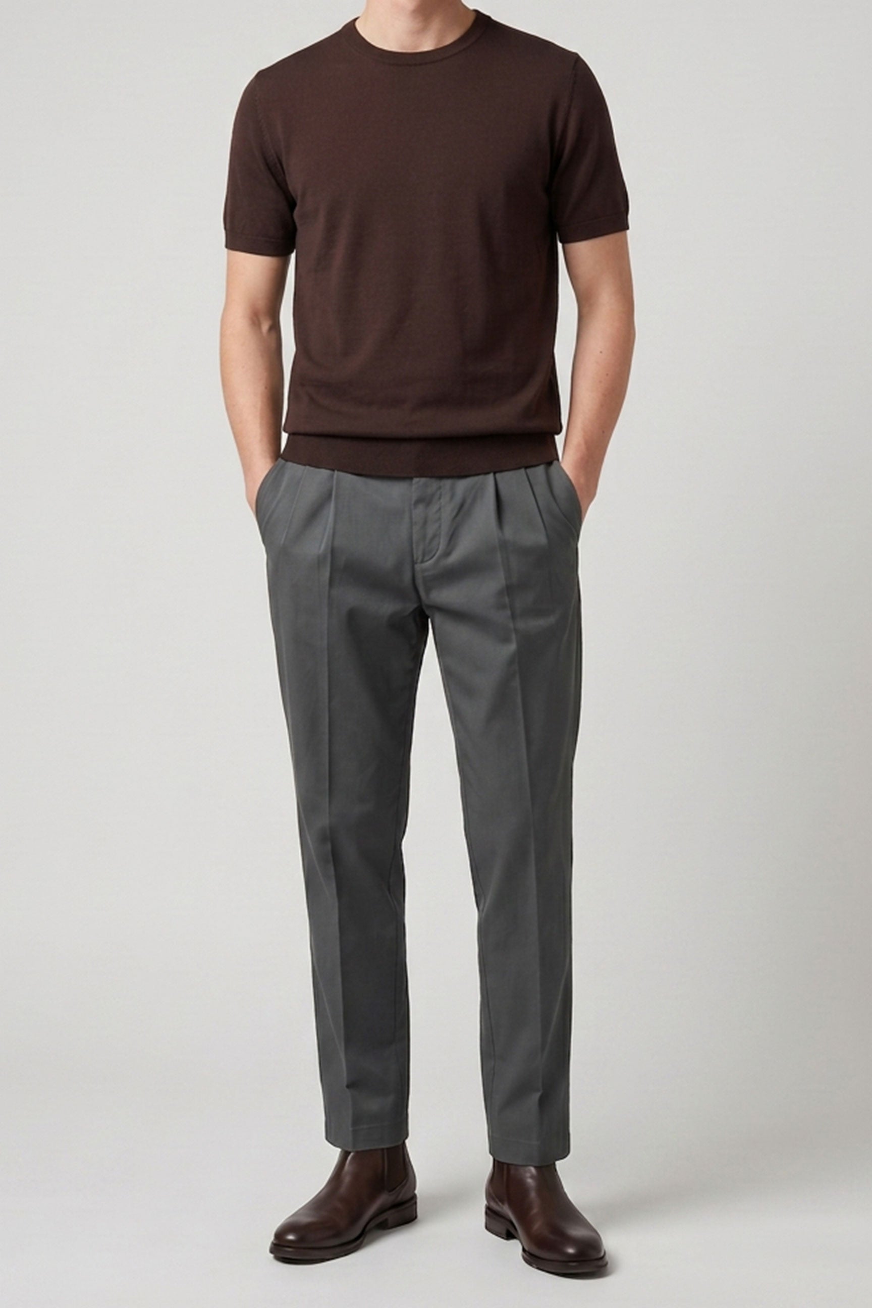 Braunes Herren-Strickshirt, normale Passform, Rundhalsausschnitt, Kurzarm