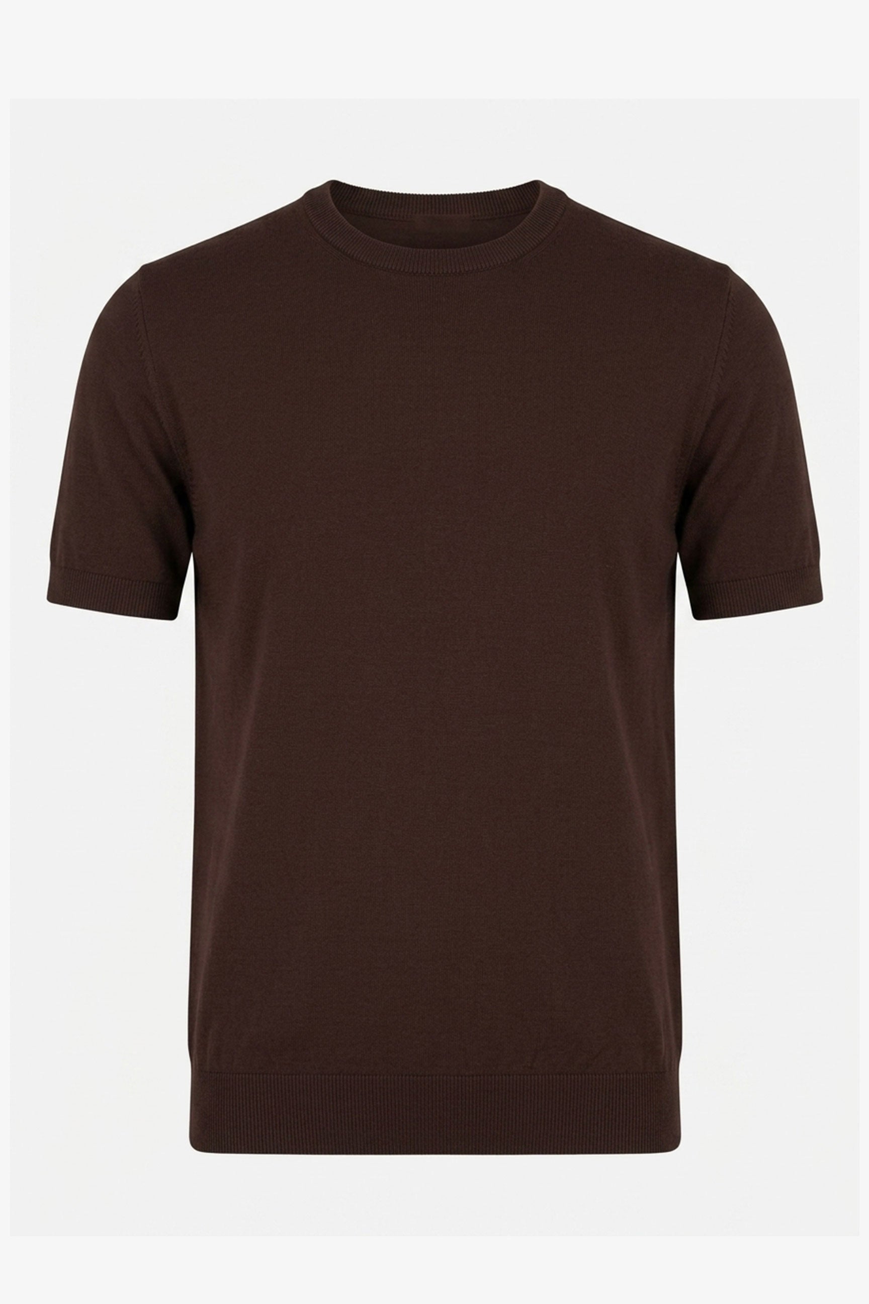 Braunes Herren-Strickshirt, normale Passform, Rundhalsausschnitt, Kurzarm