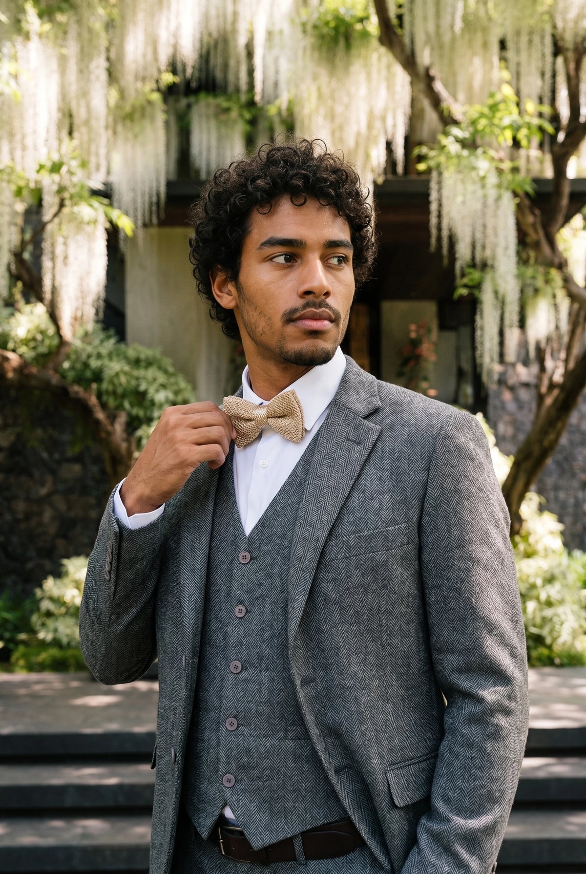 Beige Strickfliege für Herren