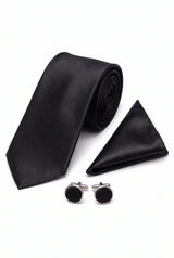 Schwarzes Herren-Krawatten-Set mit Einstecktuch und Manschettenknöpfen