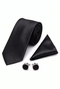Schwarzes Herren-Krawatten-Set mit Einstecktuch und Manschettenknöpfen