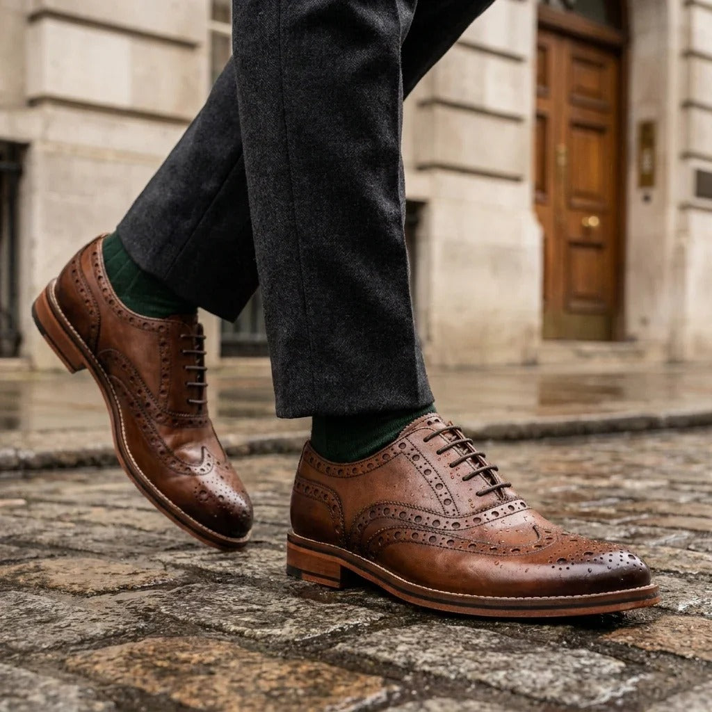 Braune Herren-Brogue-Oxford-Schuhe aus Leder mit Flügelkappe