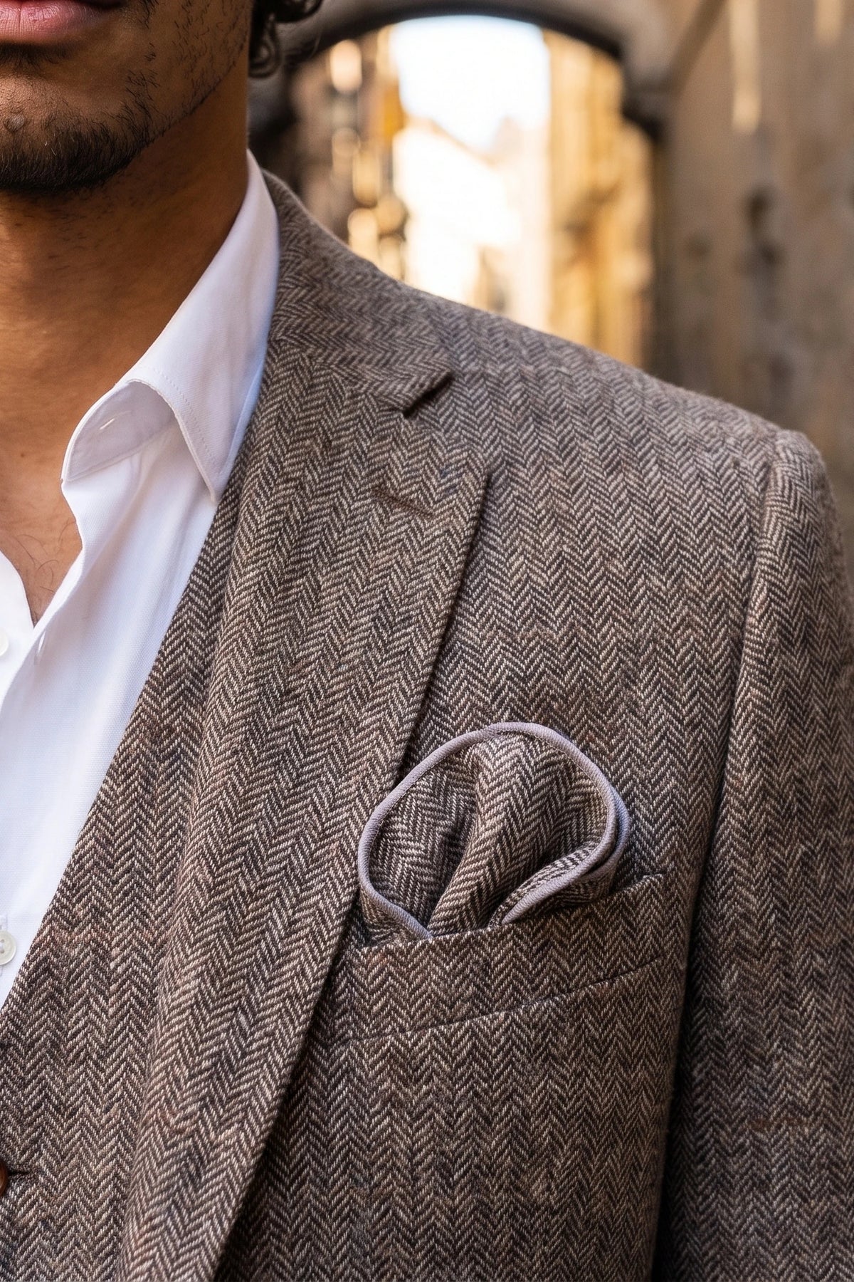 Einstecktuch für Herren aus braunem Tweed-Wollmischgewebe