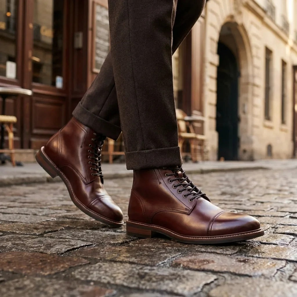 Herren-Ankle-Boots „Balmoral“ aus burgunderrotem Leder mit Kappe