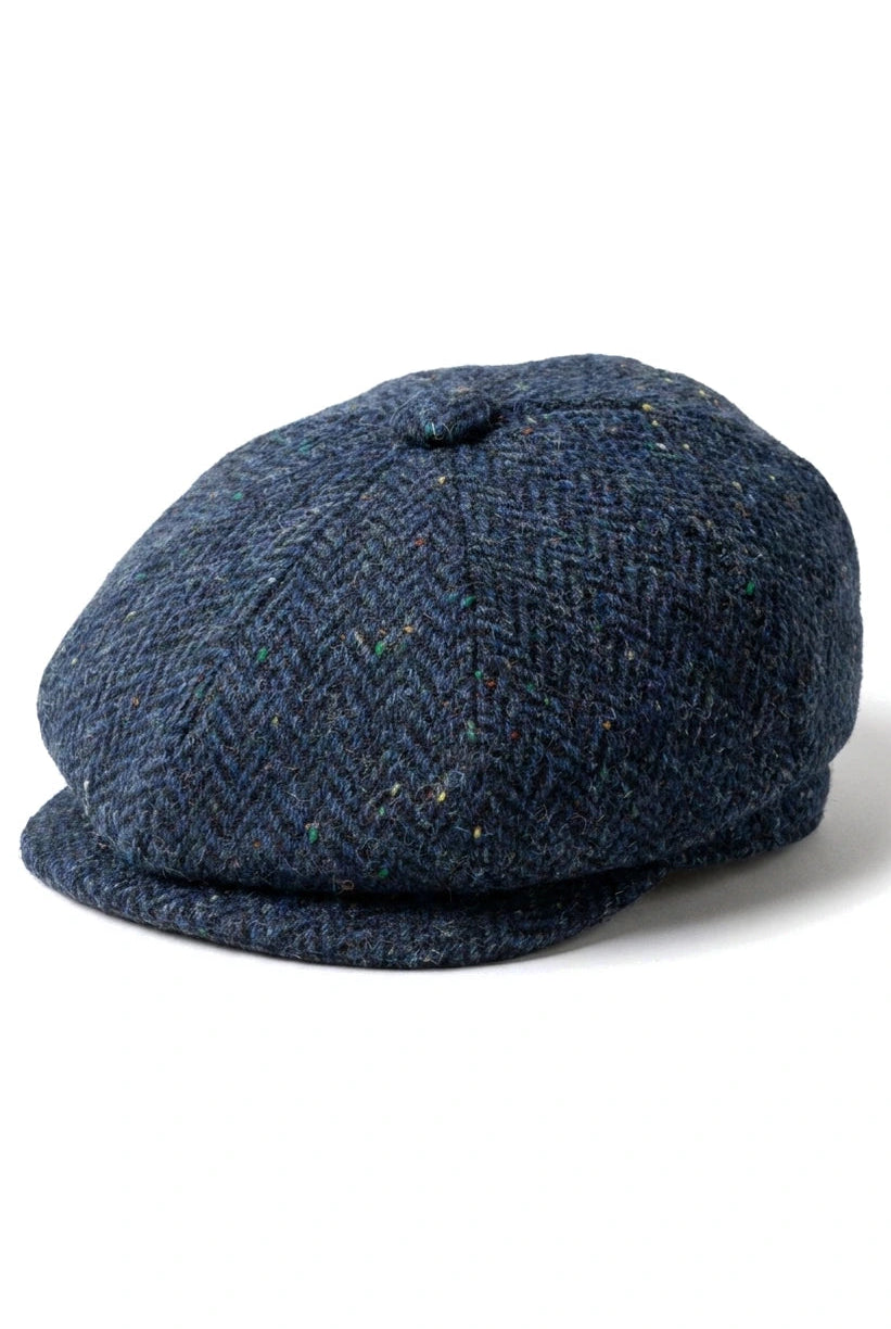 Herren-Kappe aus blauem Tweed mit Fischgrätenmuster und 8 Paneelen
