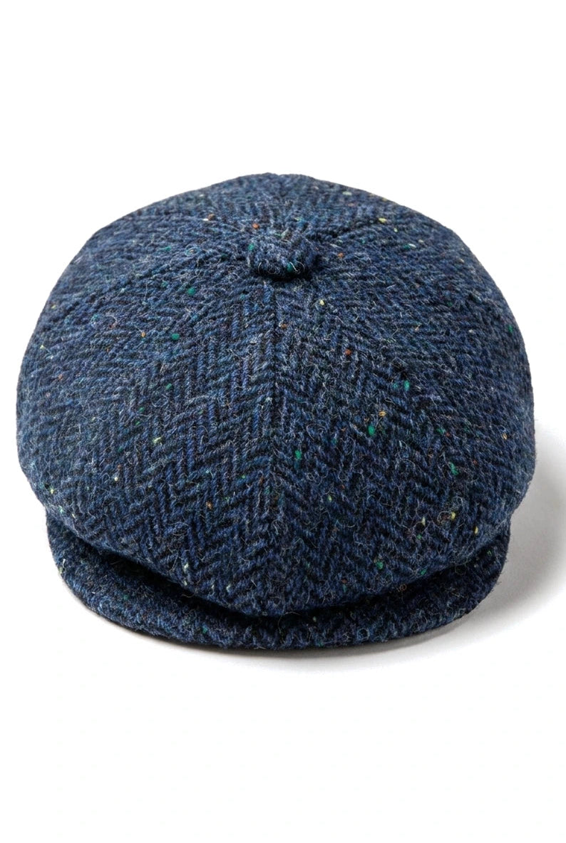 Herren-Kappe aus blauem Tweed mit Fischgrätenmuster und 8 Paneelen