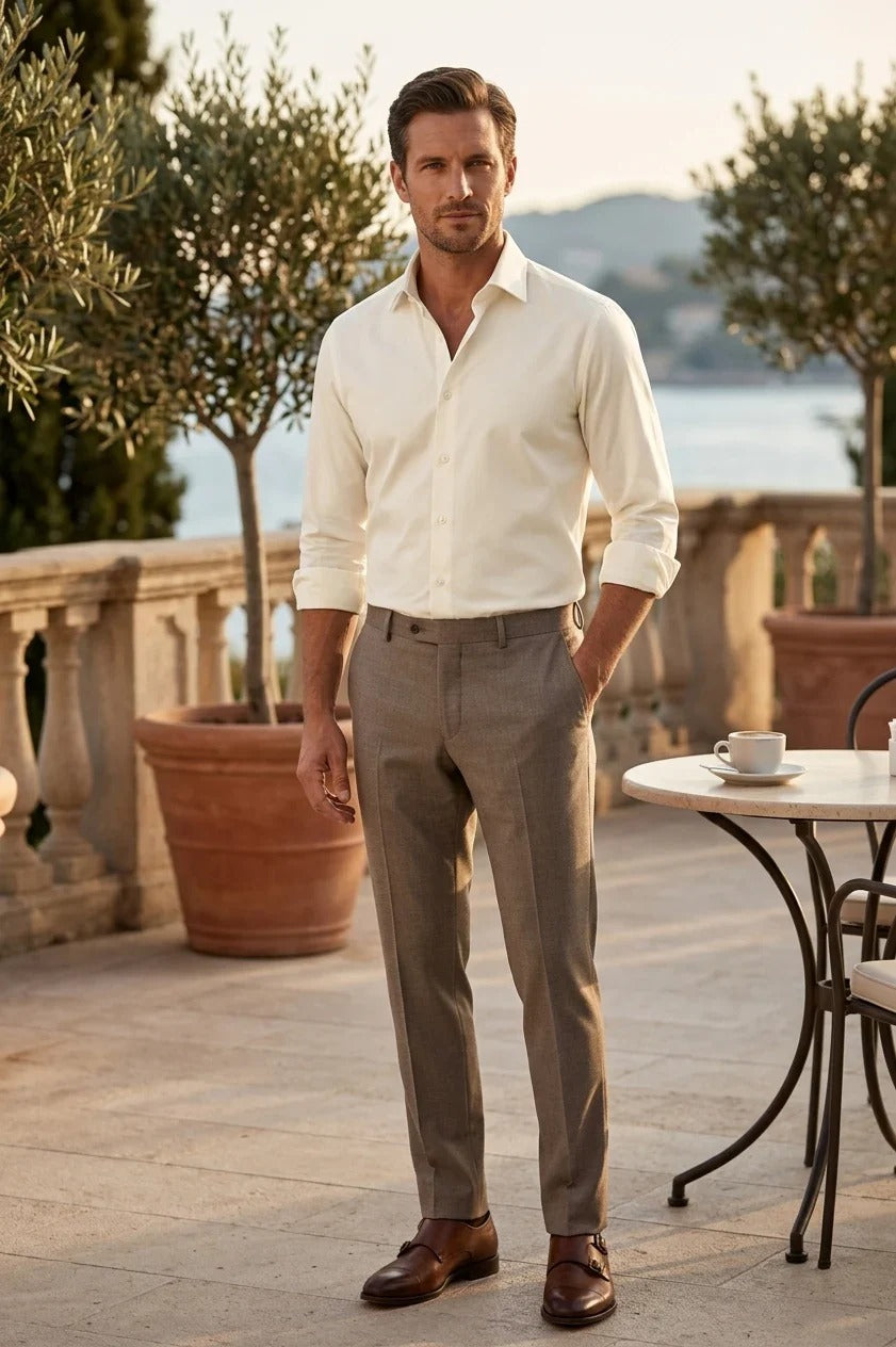 Herren-Langarmhemd mit Knopfleiste – Creme
