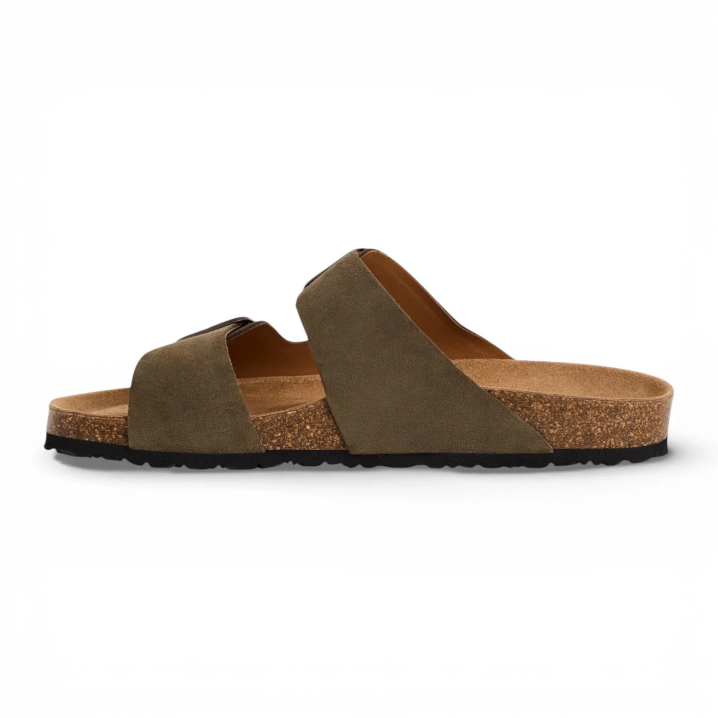 Herren-Sandalen aus olivgrünem Leder zum Hineinschlüpfen mit Fußbett