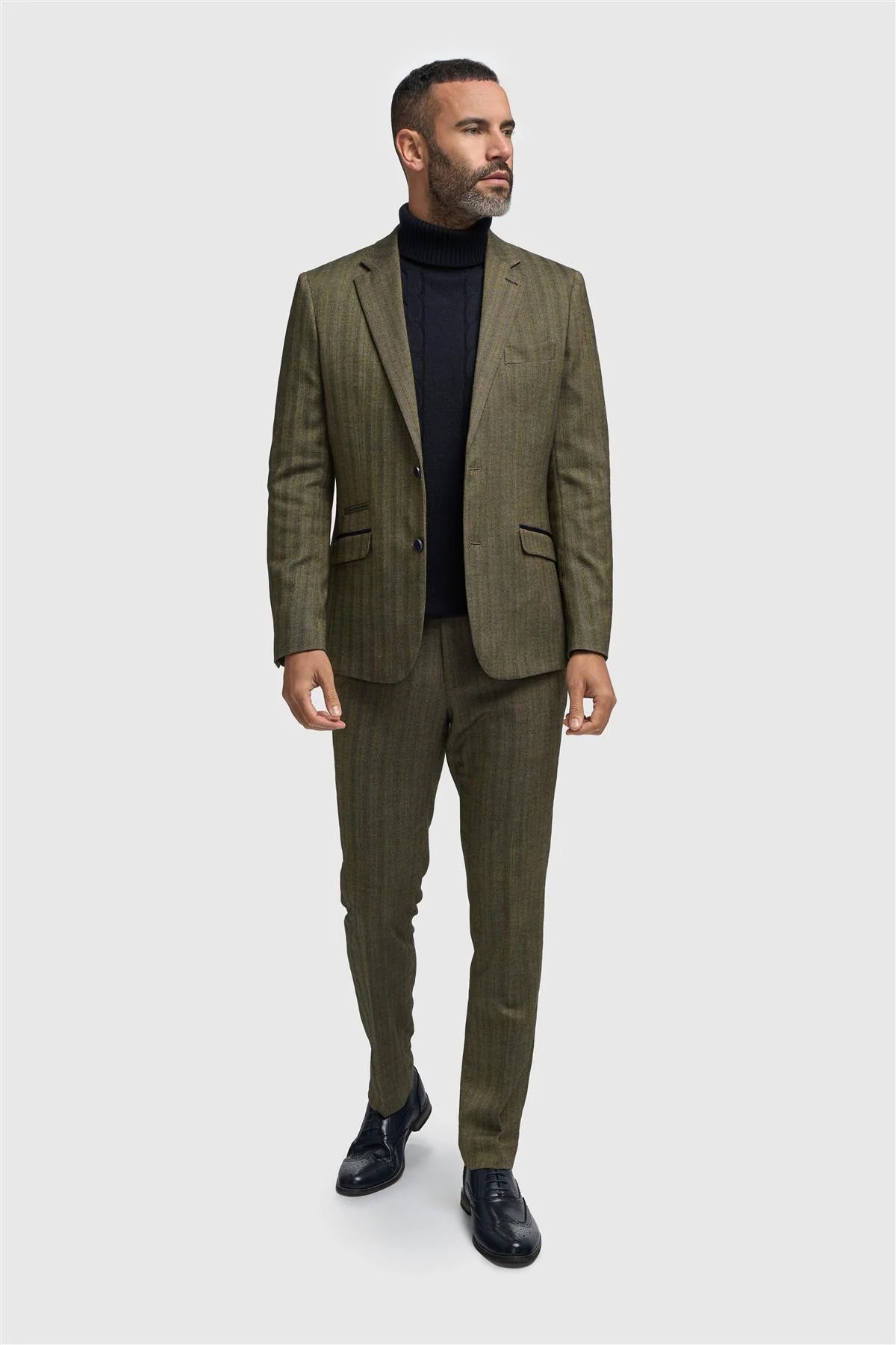 Herrenblazer aus olivgrünem Tweed mit Fischgrätmuster