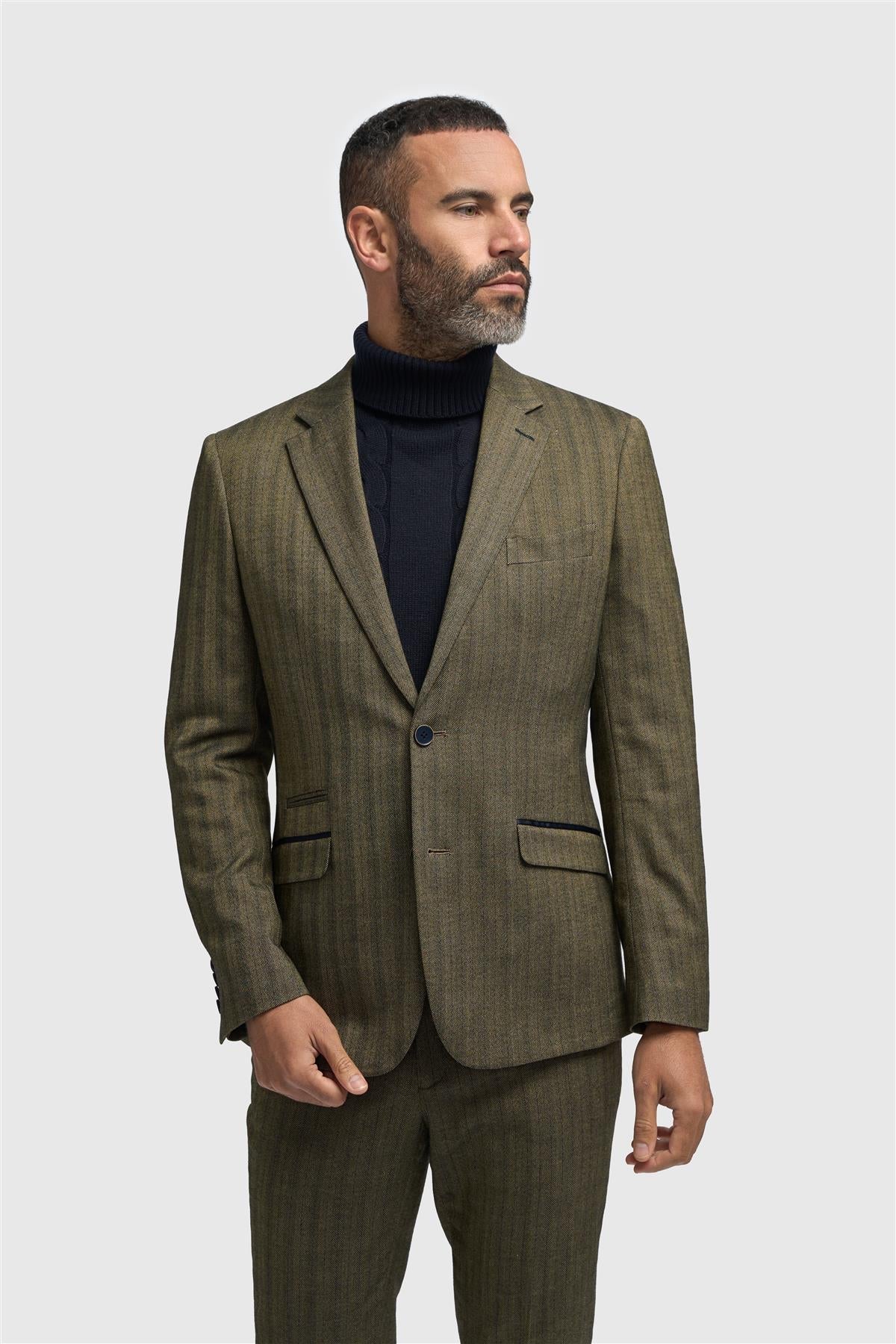 Herrenblazer aus olivgrünem Tweed mit Fischgrätmuster