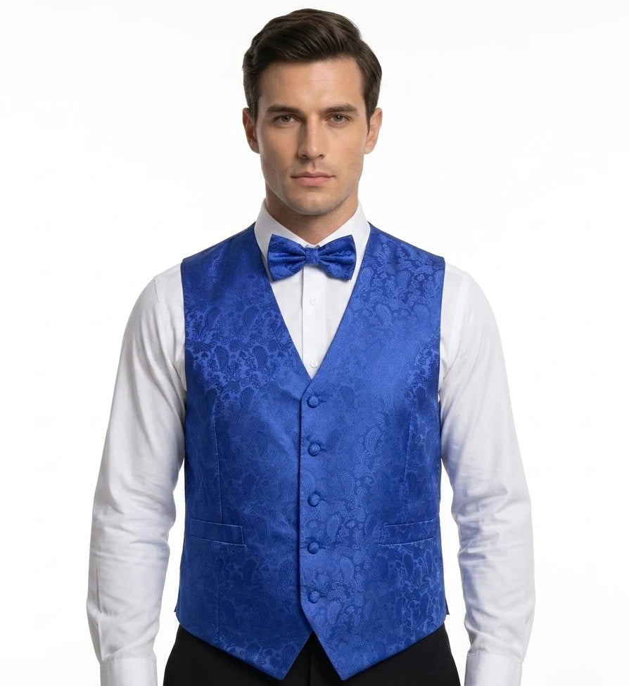 Herren-Set, 3-teilig, mit Paisley-Blumenmuster, Fliege, Einstecktuch und Weste – Blau