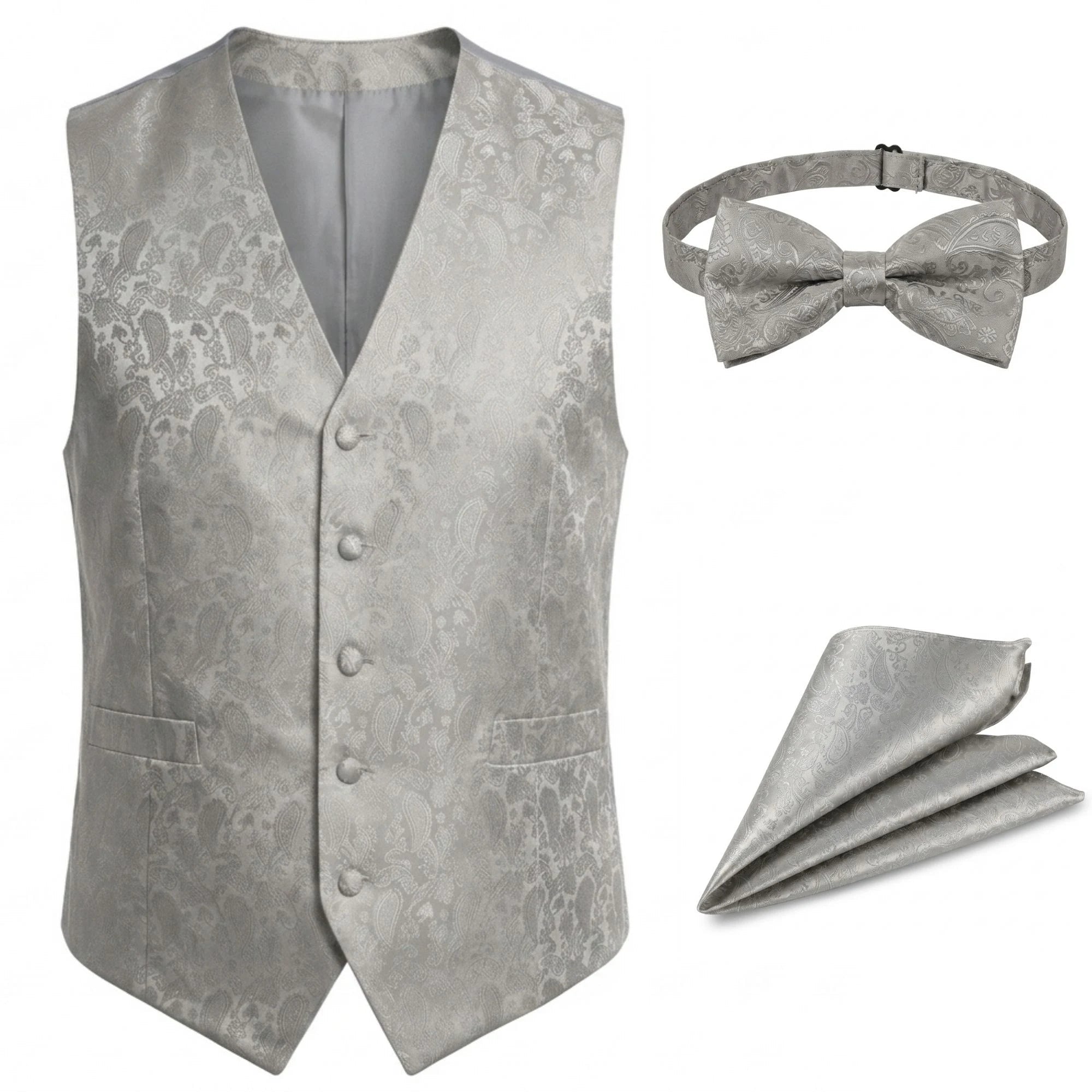 Herren-Set mit Paisley-Blumenmuster, 3-teilig: Fliege, Einstecktuch und Weste – Grau