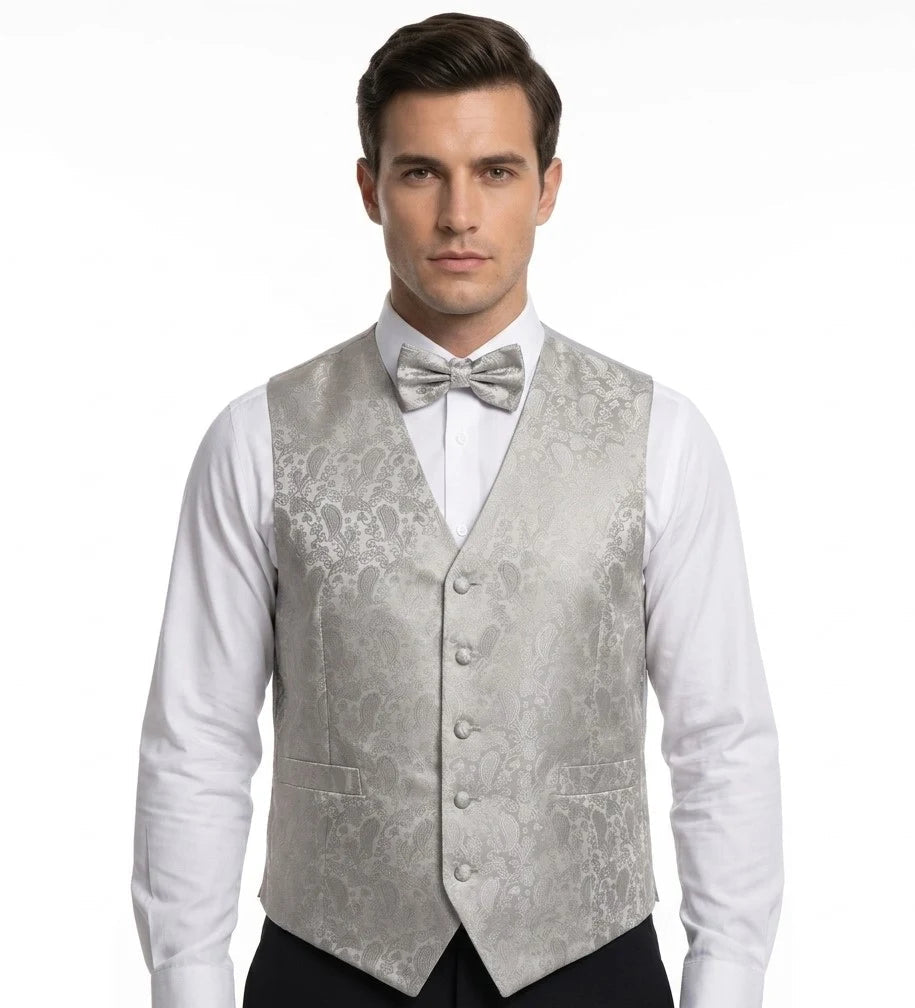 Herren-Set mit Paisley-Blumenmuster, 3-teilig: Fliege, Einstecktuch und Weste – Grau
