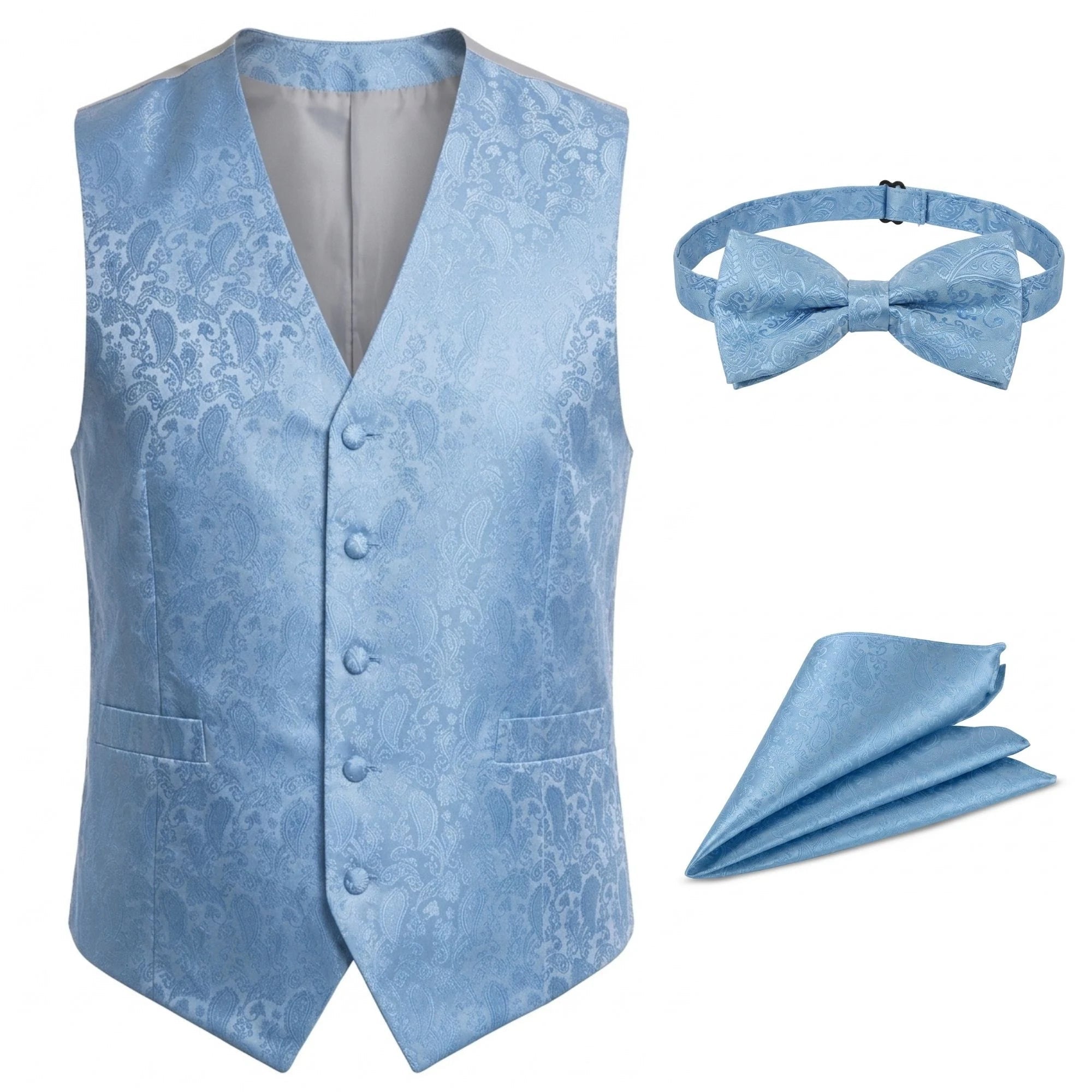 Herren-Set, 3-teilig, mit Paisley-Blumenmuster, Fliege, Einstecktuch und Weste – Himmelblau