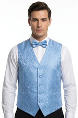 Herren-Set, 3-teilig, mit Paisley-Blumenmuster, Fliege, Einstecktuch und Weste – Himmelblau