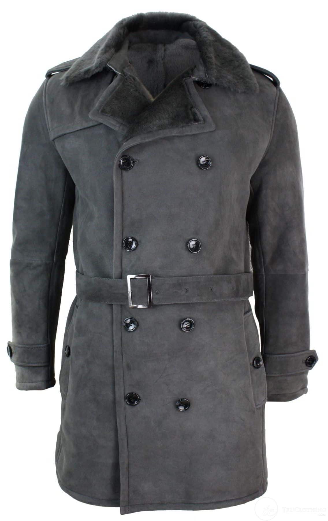 Mens Sherling Sheepskin Black Grey Double Breasted Belted 3/4 Overcoat