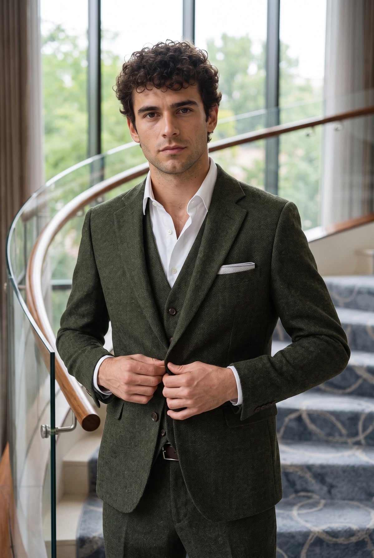 Einstecktuch für Herren aus silbernem Tweed-Wollmischgewebe