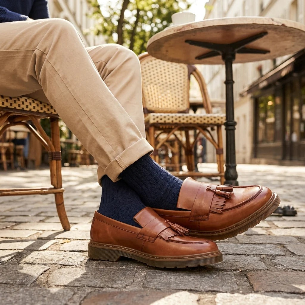 Herren-Slipper aus hellbraunem Leder mit dicker Sohle und Quasten