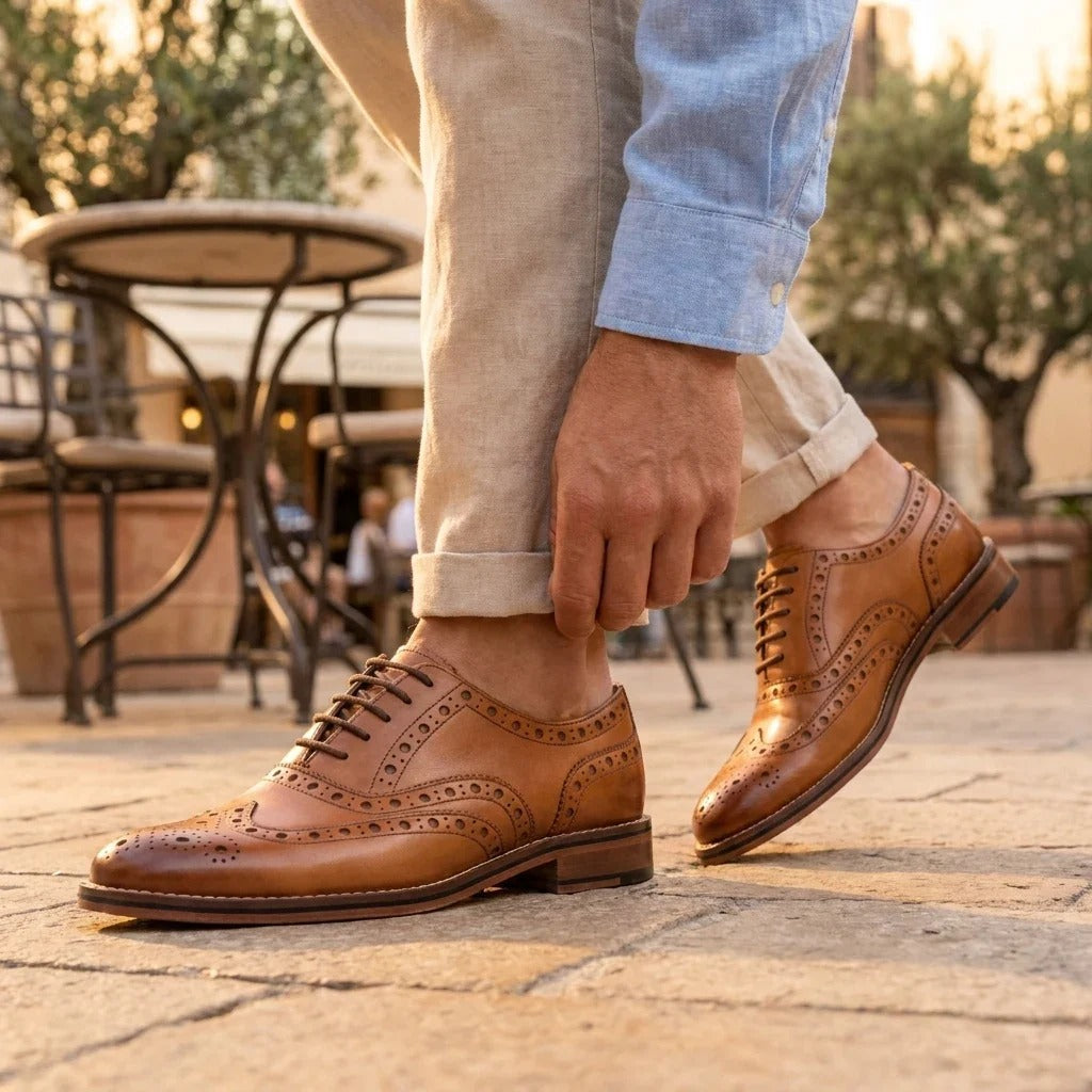 Herren-Brogue-Oxford-Schuhe aus hellbraunem Leder