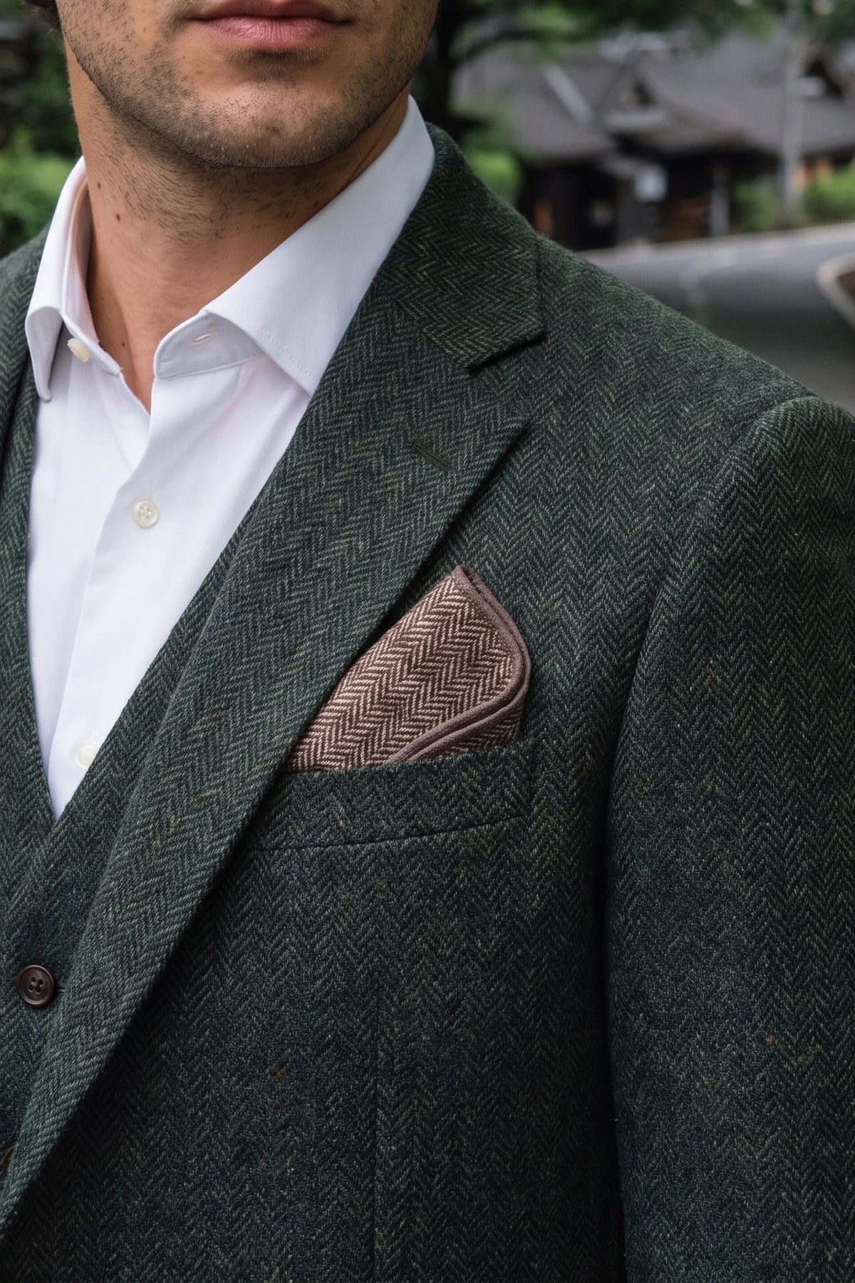 Einstecktuch für Herren aus taupefarbenem Tweed-Wollmischgewebe