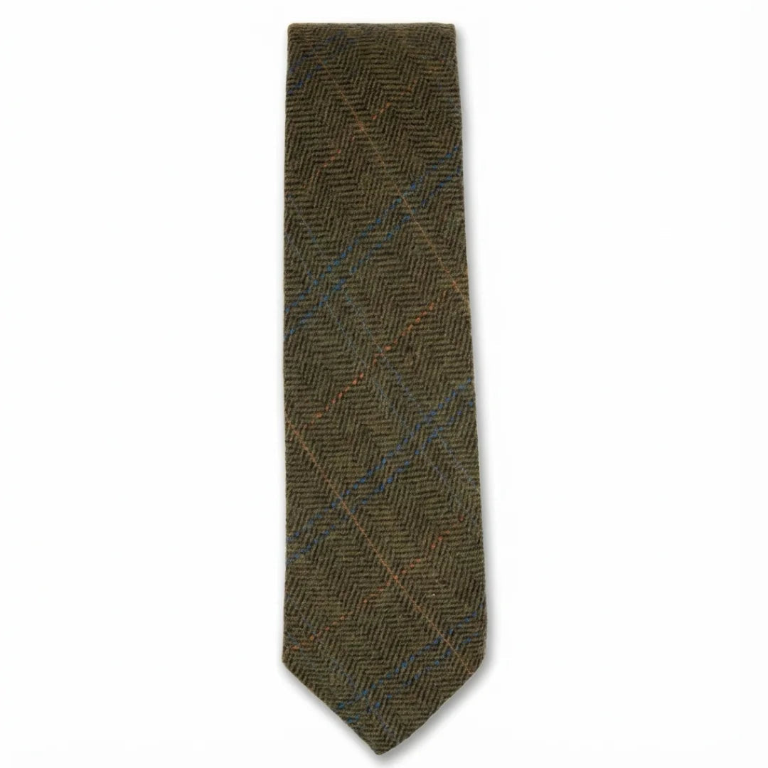 Herrenkrawatte aus Wollmischgewebe mit Fischgrätmuster und Tweed-Optik – Olivgrün